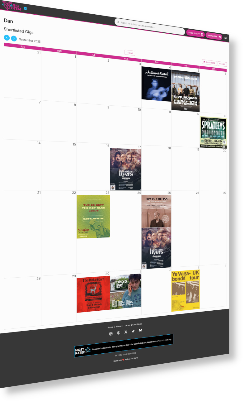 Example Calendar view with some gigs shortlisted